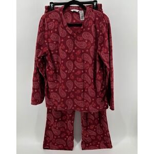 Mayfair Womens Pajama Set Fleece Red White Paisley XL Boho Valentine Sleepwear